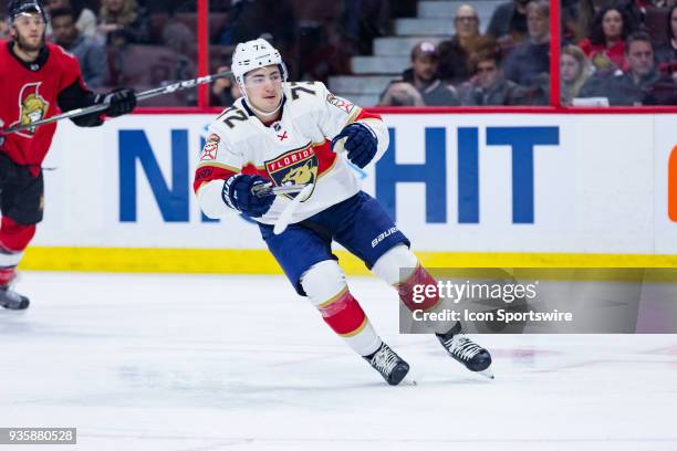 Florida Panthers Right Wing Frank Vatrano applies pressure with the forecheck during first period National Hockey League action between the Florida...