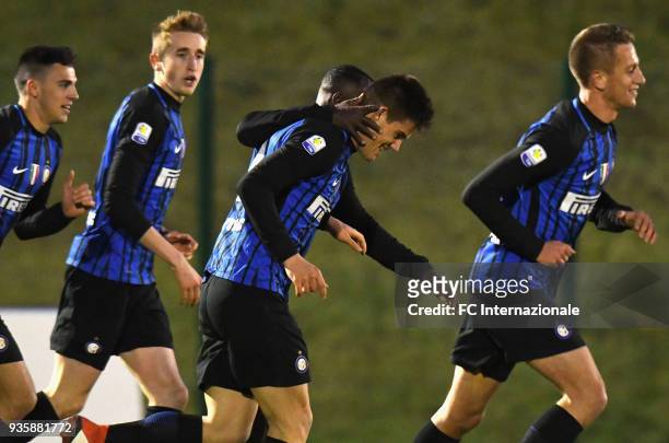Tommaso Brignoli of FC Internazionale celebrates after scoring the opening goal during the Viareggio Cup match FC Internazionale U19 and Pro Vercelli...