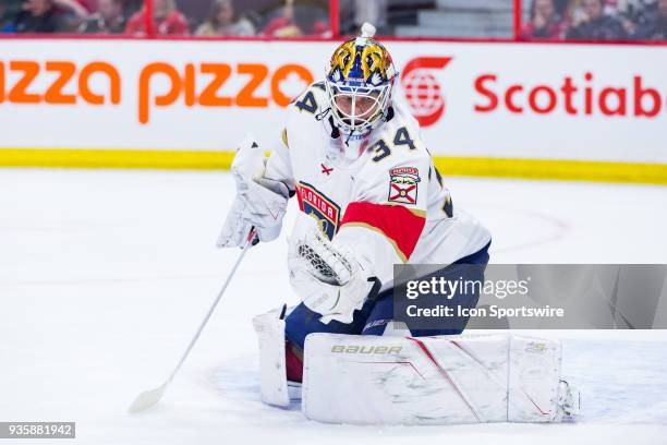 Florida Panthers Goalie James Reimer looks to make a glove save during second period National Hockey League action between the Florida Panthers and...