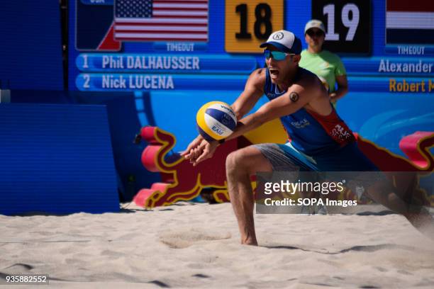 Nick Lucena in the defense raising a ball before the attack of the selected ones of Nederland. The Volleyball Major Series 2018 Florida was hosted in...