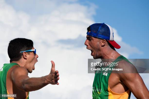 George Wanderley & Pedro Solberg celebrate a great triumph who passes them to the round of the 16 best in the Beach Volleyball Major Series 2018. The...