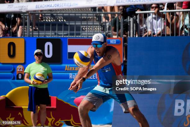 Nick Lucena of USA seen in the quarterfinals facing the Netherlands. The Volleyball Major Series 2018 Florida was hosted in Fort Lauderdale, USA from...