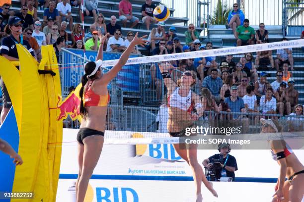 Nina Betschart of the Swiss team attacks China's national team in the match that are defeated by 2 set to 1. The Volleyball Major Series 2018 Florida...