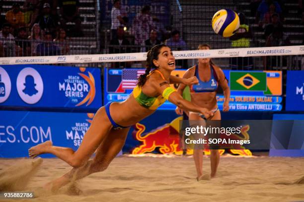 Carolina Salgado of the Brazilian team with a spectacular save before the attack of USA. The Volleyball Major Series 2018 Florida was hosted in Fort...