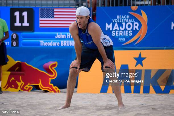 John Hayden of team USA seen in action during the Beach Volleyball Major Series. The Volleyball Major Series 2018 Florida was hosted in Fort...