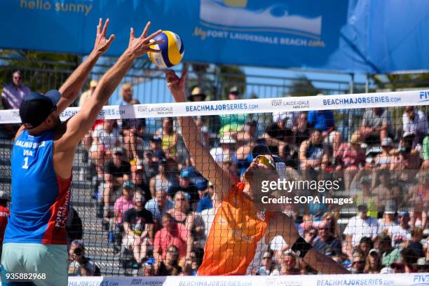 Alexander Brouwer of the Dutch Volleyball team looking to position the ball to get a point against USA. The Volleyball Major Series 2018 Florida was...