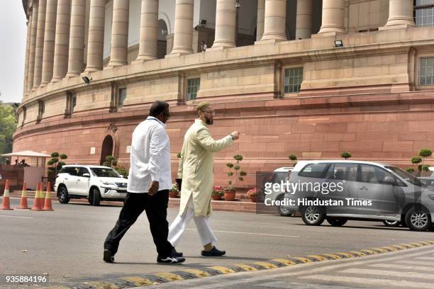 President of the All India Majlis-e-Ittehadul Muslimeen and member of Parliament Asaduddin Owaisi arrives to attend Budget Session of Parliament on...