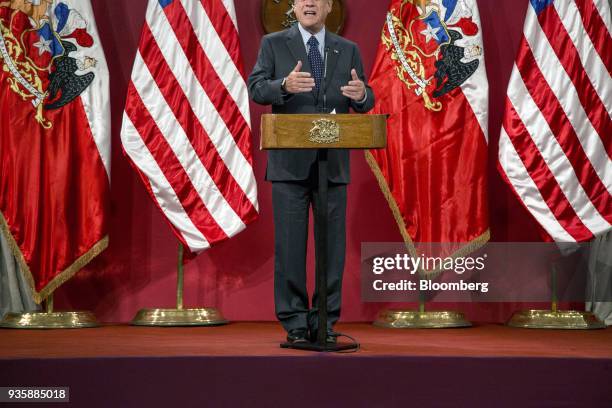 Sebastian Pinera, Chile's president, speaks during a press conference with Felipe Larrain, Chile's finance minister, and Steven Mnuchin, U.S....