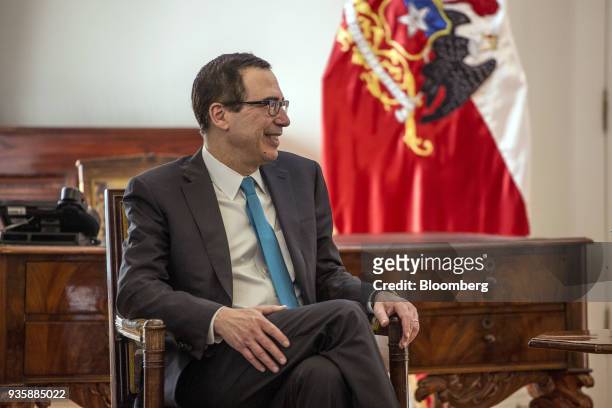 Steven Mnuchin, U.S. Treasury secretary, smiles during a meeting with Sebastian Pinera, Chile's president, not pictured, at La Moneda Palace in...