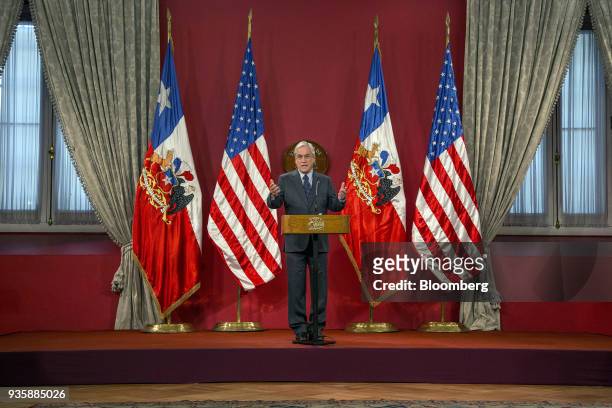 Sebastian Pinera, Chile's president, speaks during a press conference with Felipe Larrain, Chile's finance minister, and Steven Mnuchin, U.S....