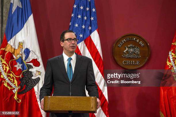 Steven Mnuchin, U.S. Treasury secretary, speaks during a press conference with Felipe Larrain, Chile's finance minister, not pictured, at La Moneda...