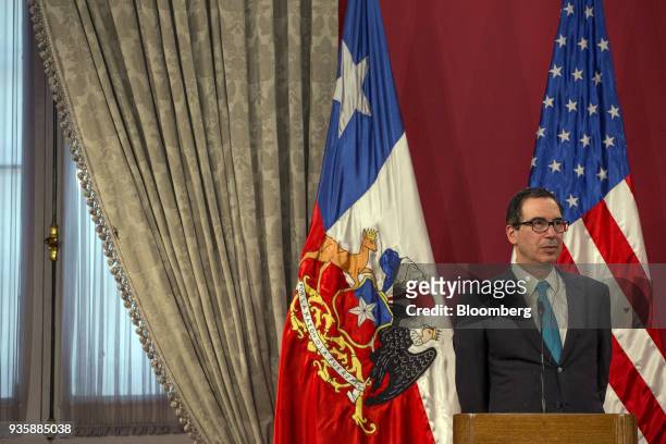 Steven Mnuchin, U.S. Treasury secretary, listens during a press conference with Felipe Larrain, Chile's finance minister, not pictured, at La Moneda...