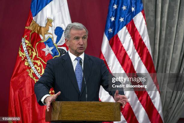 Felipe Larrain, Chile's finance minister, speaks during a press conference with Steven Mnuchin, U.S. Treasury secretary, not pictured, at La Moneda...