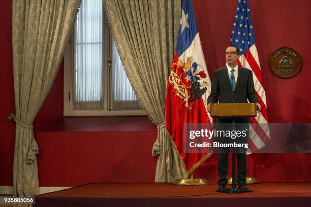 Steven Mnuchin, U.S. Treasury secretary, speaks during a press conference with Felipe Larrain, Chile's finance minister, not pictured, at La Moneda...