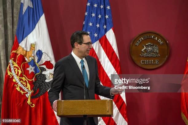 Steven Mnuchin, U.S. Treasury secretary, speaks during a press conference with Felipe Larrain, Chile's finance minister, not pictured, at La Moneda...