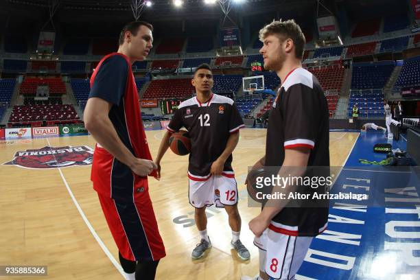 Lucca Staiger, #8 of Brose Bamberg talks to Johannes Voigtmann, #7 of Baskonia Vitoria Gasteiz prior to the 2017/2018 Turkish Airlines EuroLeague...