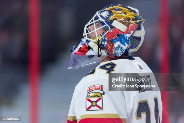 Florida Panthers Goalie James Reimer watches a replay during second period National Hockey League action between the Florida Panthers and Ottawa...