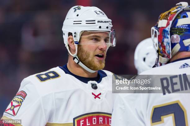 Florida Panthers Left Wing Jamie McGinn talks to his goalie during second period National Hockey League action between the Florida Panthers and...