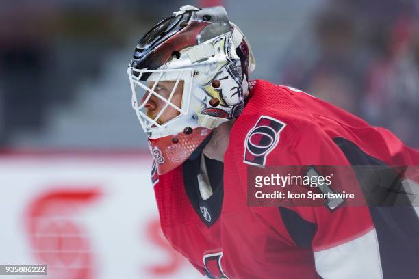 Ottawa Senators Goalie Mike Condon waits for a face-off during third period National Hockey League action between the Florida Panthers and Ottawa...