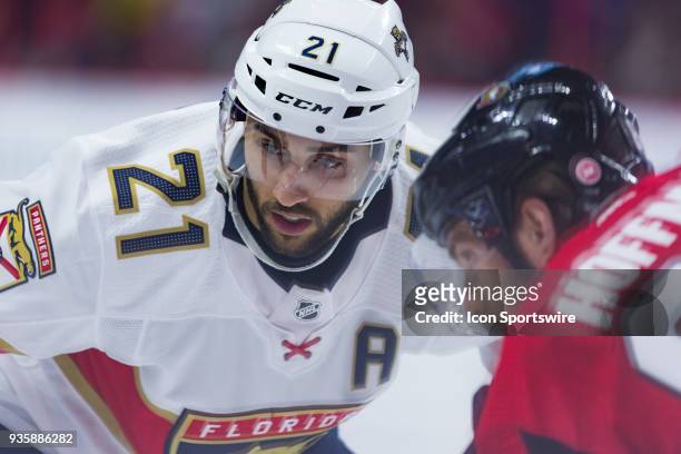 Florida Panthers Center Vincent Trocheck prepares for a face-off during third period National Hockey League action between the Florida Panthers and...