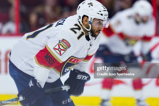 Florida Panthers Center Vincent Trocheck prepares for a face-off during third period National Hockey League action between the Florida Panthers and...