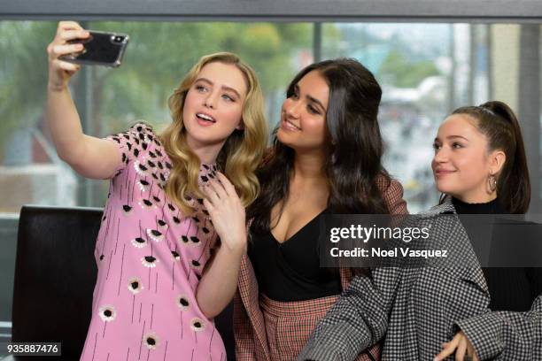 Kathryn Newton, Geraldine Viswanathan and Gideon Adlon visit "Extra" at Universal Studios Hollywood on March 21, 2018 in Universal City, California.