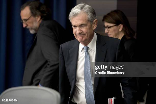 Jerome Powell, chairman of the U.S. Federal Reserve, arrives to a news conference following a Federal Open Market Committee meeting in Washington,...