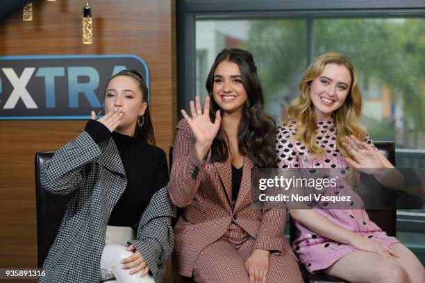 Gideon Adlon, Geraldine Viswanathan and Kathryn Newton visit "Extra" at Universal Studios Hollywood on March 21, 2018 in Universal City, California.