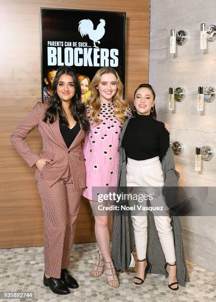 Geraldine Viswanathan, Kathryn Newton and Gideon Adlon visit "Extra" at Universal Studios Hollywood on March 21, 2018 in Universal City, California.