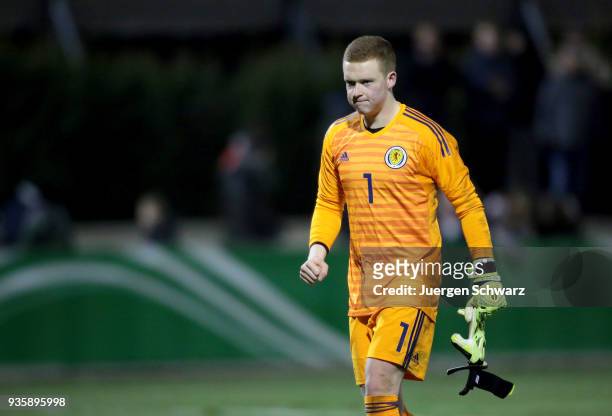 Goalkeeper Kieran Wright of Scotland makes a fist after the Under 19 Euro Qualifier between Germany and Scotland on March 21, 2018 in Lippstadt,...