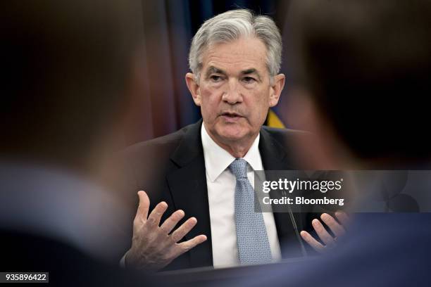 Jerome Powell, chairman of the U.S. Federal Reserve, speaks during a news conference following a Federal Open Market Committee meeting in Washington,...