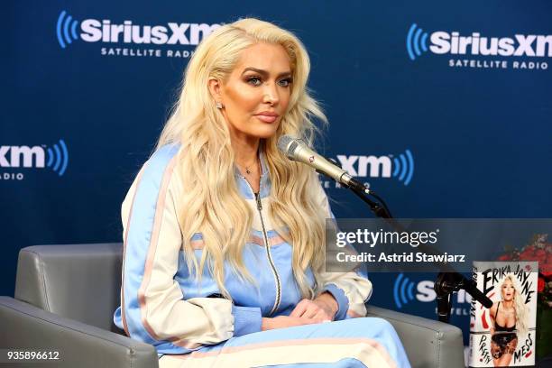 Personality Erika Jayne talks with SiriusXM host Jenny McCarthy during her 'Inner Circle' series on her SiriusXM Show 'The Jenny McCarthy Show' at...