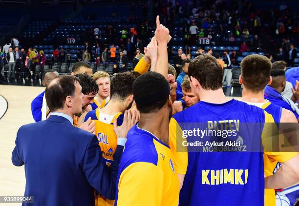 Players of Khimki Moscow Region celebrate their victory during the 2017/2018 Turkish Airlines EuroLeague Regular Season Round 27 game between Anadolu...