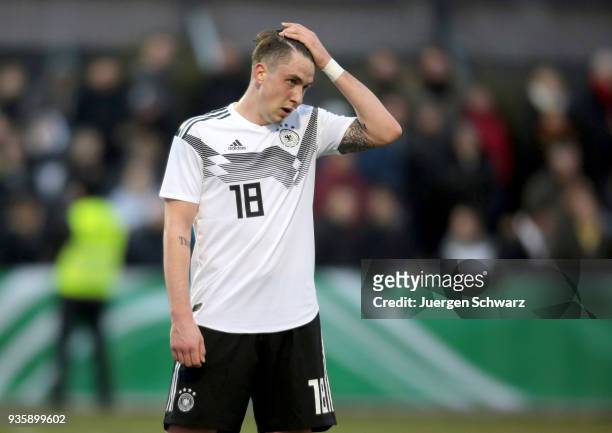 Adrian Fein of Germany reacts after the Under 19 Euro Qualifier between Germany and Scotland on March 21, 2018 in Lippstadt, Germany.