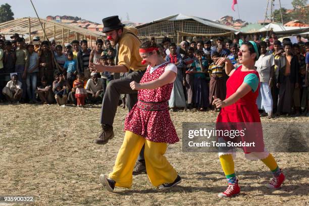 Performers from Clowns Without Borders UK entertain children at the Balukali refugee camp on February 29, 2018 at Cox's Bazar, Bangladesh. Over...