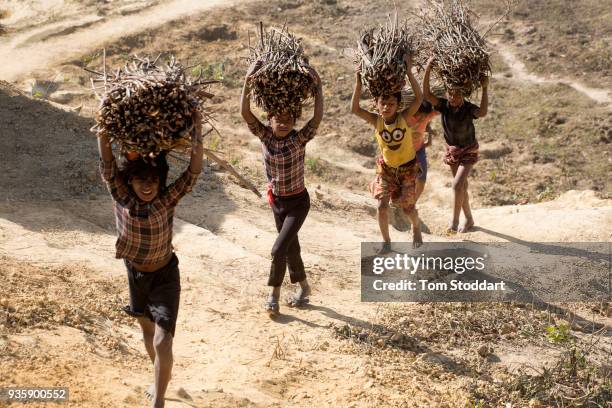 Rohingya children return home after collecting firewood in a forest near the Kutupalong refugee camp on February 28, 2018 at Cox's Bazar, Bangladesh....