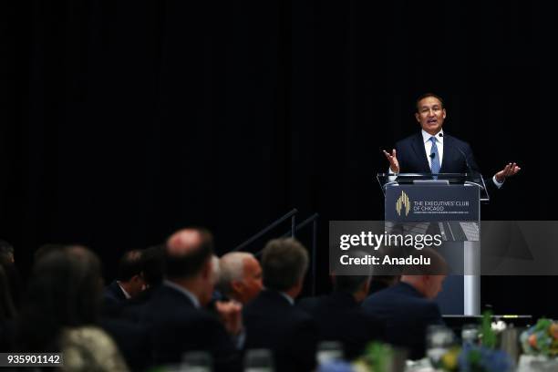 United Airlines Chief Executive Officer Oscar Munoz speaks during a meeting titled "United Airlines : Landing a Long-Term Strategy" organised by The...