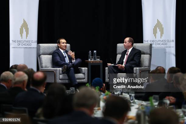 United Airlines Chief Executive Officer Oscar Munoz attends a meeting titled "United Airlines : Landing a Long-Term Strategy" organised by The...