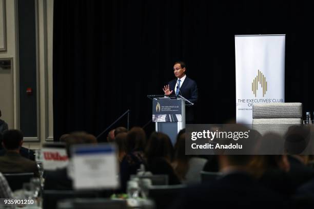 United Airlines Chief Executive Officer Oscar Munoz speaks during a meeting titled "United Airlines : Landing a Long-Term Strategy" organised by The...