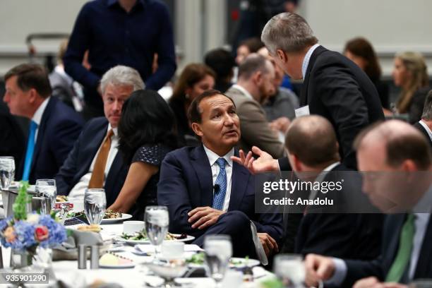 United Airlines Chief Executive Officer Oscar Munoz attends a meeting titled "United Airlines : Landing a Long-Term Strategy" organised by The...