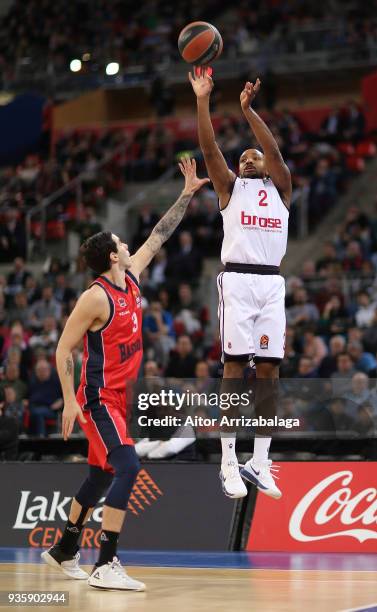 Ricky Hickman, #2 of Brose Bamberg competes with Luca Vildoza, #3 of Baskonia Vitoria Gasteiz during the 2017/2018 Turkish Airlines EuroLeague...