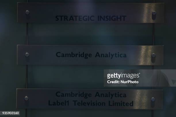 Sign is pictured as London headquarters of Cambridge Analytica on New Oxford Street in central London on March 21, 2018. The company is accused of...