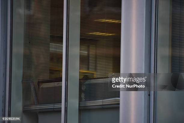 Detail of a window of the London headquarters of Cambridge Analytica is pictured on New Oxford Street in central London on March 21, 2018. The...