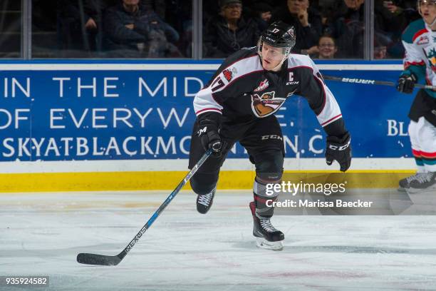 Tyler Benson of the Vancouver Giants skates against the Kelowna Rockets at Prospera Place on March 7, 2018 in Kelowna, Canada.