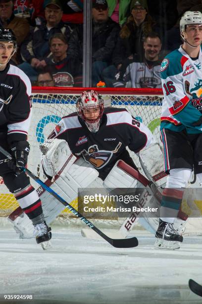 David Tendeck of the Vancouver Giants defends the net against the Kelowna Rockets at Prospera Place on March 7, 2018 in Kelowna, Canada.