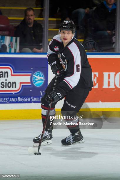 Dylan Plouffe of the Vancouver Giants skates with the puck against the Kelowna Rockets at Prospera Place on March 7, 2018 in Kelowna, Canada.