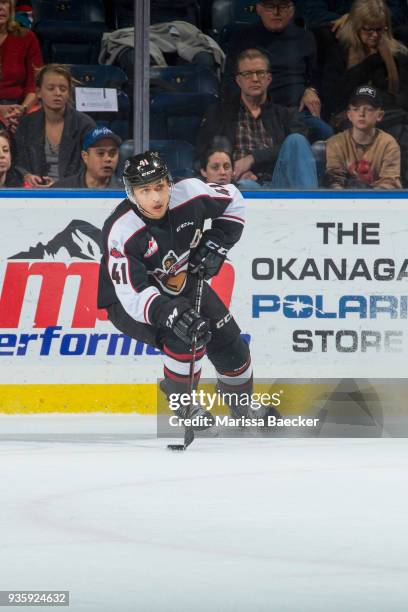 Alex Kannok Leipert of the Vancouver Giants skates with the puck against the Kelowna Rockets at Prospera Place on March 7, 2018 in Kelowna, Canada.