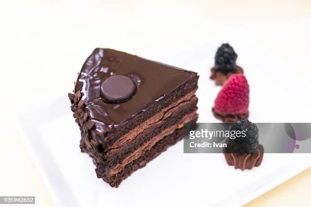 big piece of chocolate cake on plate with berry on side. - coulis stock pictures, royalty-free photos & images