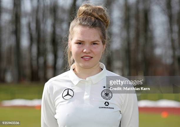 Laura Haas poses during the U17 Girl's Germany team presentation at Volksstadion on March 21, 2018 in Greifswald, Germany.