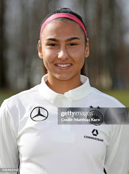 Miray Cin poses during the U17 Girl's Germany team presentation at Volksstadion on March 21, 2018 in Greifswald, Germany.